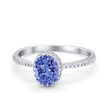 Halo Fashion Oval Ring Simulated Tanzanite CZ Accent 925 Sterling Silver